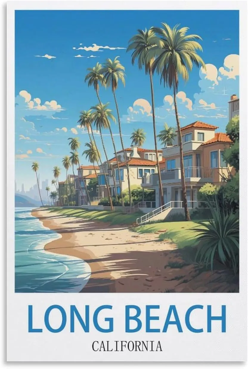 California Long Beach Travel Poster Print Canvas Wall Art for Bedroom Living Room HD Print Posters 24x36inch(60x90cm)