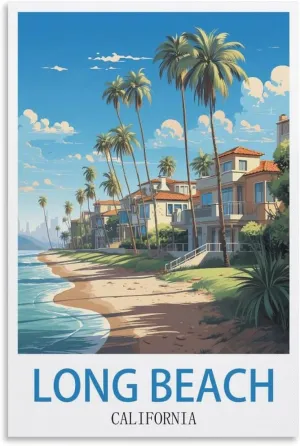 California Long Beach Travel Poster Print Canvas Wall Art for Bedroom Living Room HD Print Posters 24x36inch(60x90cm)