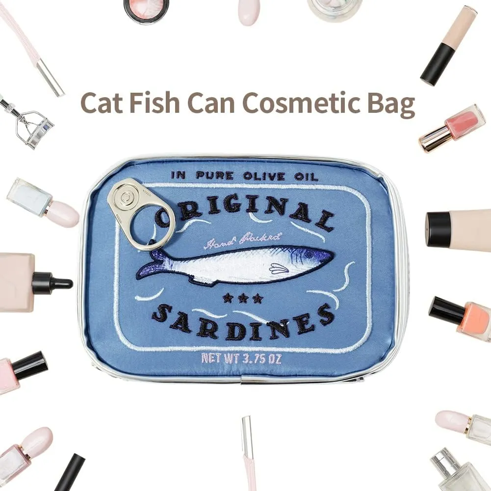 Canned Sardines Makeup Bag, Creative Cute Makeup Bags, Cosmetic Canned Fish Toiletry Bag (Blue)