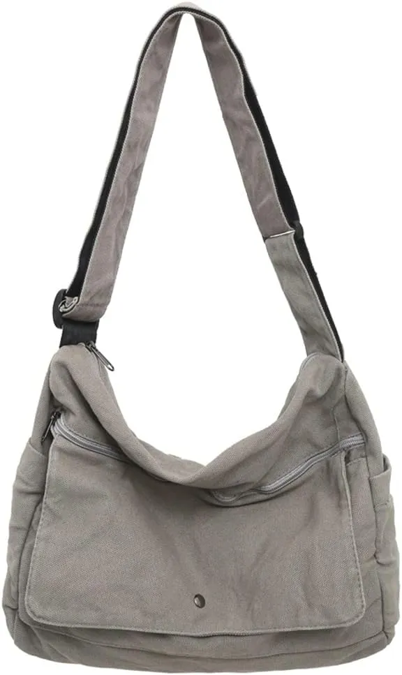 Canvas Cross Body Bag Slouchy Shoulder Bags for Men Women Casual Pure Color Hobo Bags with Large Capacity