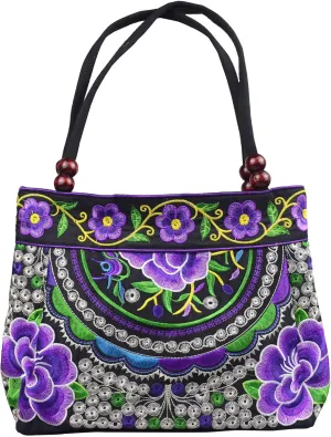 Canvas Floral Hobo Tote Bags for Women Stylish Casual Shoulder Handbag Ethnic Embroidery Purse