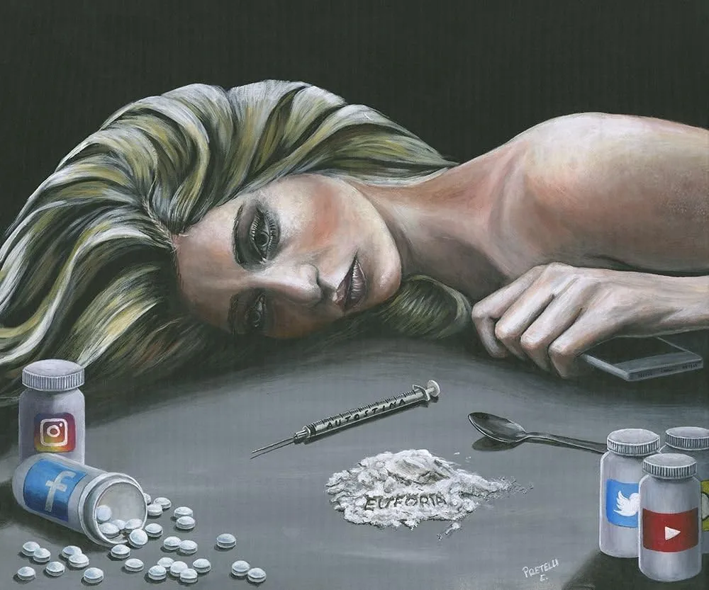 CANVAS-FRAMED-with-AMERICAN-BOX-Sad-Blond-girl-slave-to-social-network-Figurative-wall-decore-on-wood-frame-Horizontal-38x46_in