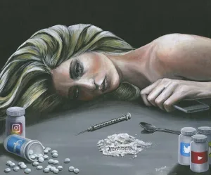 CANVAS-FRAMED-with-AMERICAN-BOX-Sad-Blond-girl-slave-to-social-network-Figurative-wall-decore-on-wood-frame-Horizontal-38x46_in