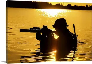 CANVAS ON DEMAND Silhouette of a Special Forces Soldier with Rifle, Crossing a River in the Jungle Canvas Wall Art Print by Oleg Zabielin, Home Decor, American Artwork, 24" x16in
