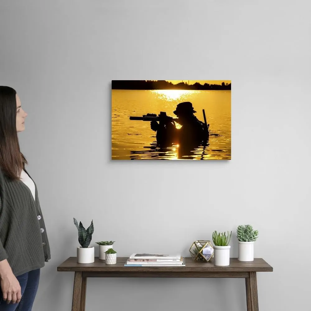 CANVAS ON DEMAND Silhouette of a Special Forces Soldier with Rifle, Crossing a River in the Jungle Canvas Wall Art Print by Oleg Zabielin, Home Decor, American Artwork, 24" x16in