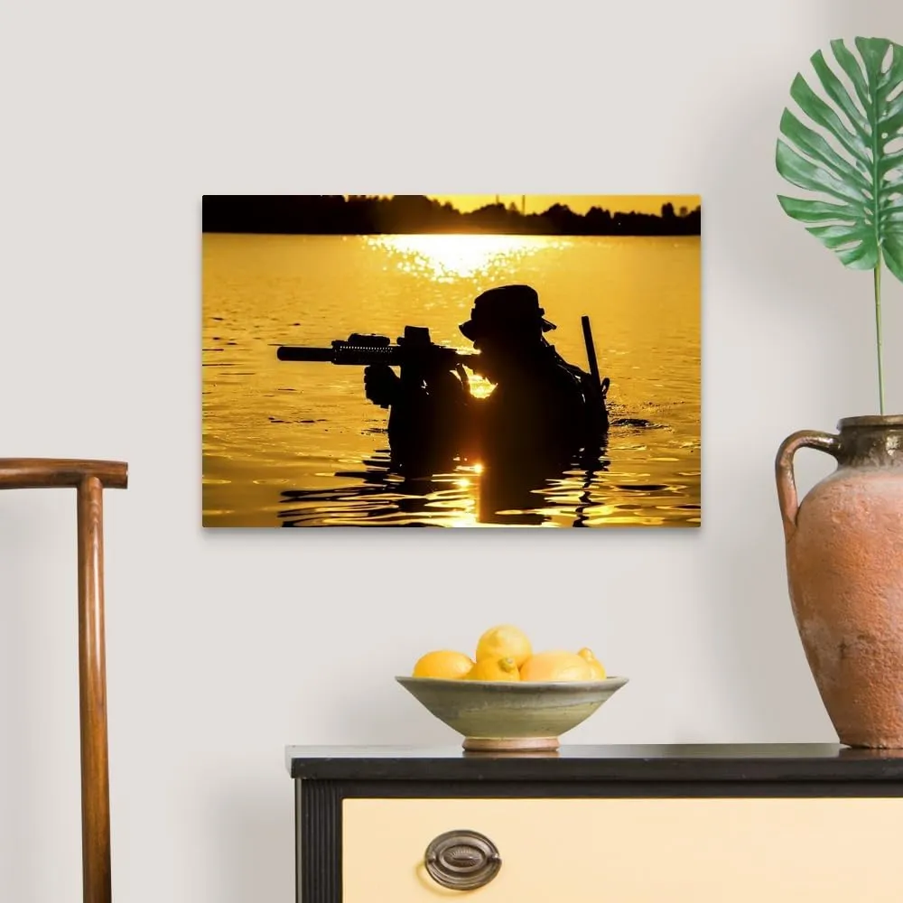 CANVAS ON DEMAND Silhouette of a Special Forces Soldier with Rifle, Crossing a River in the Jungle Canvas Wall Art Print by Oleg Zabielin, Home Decor, American Artwork, 24" x16in