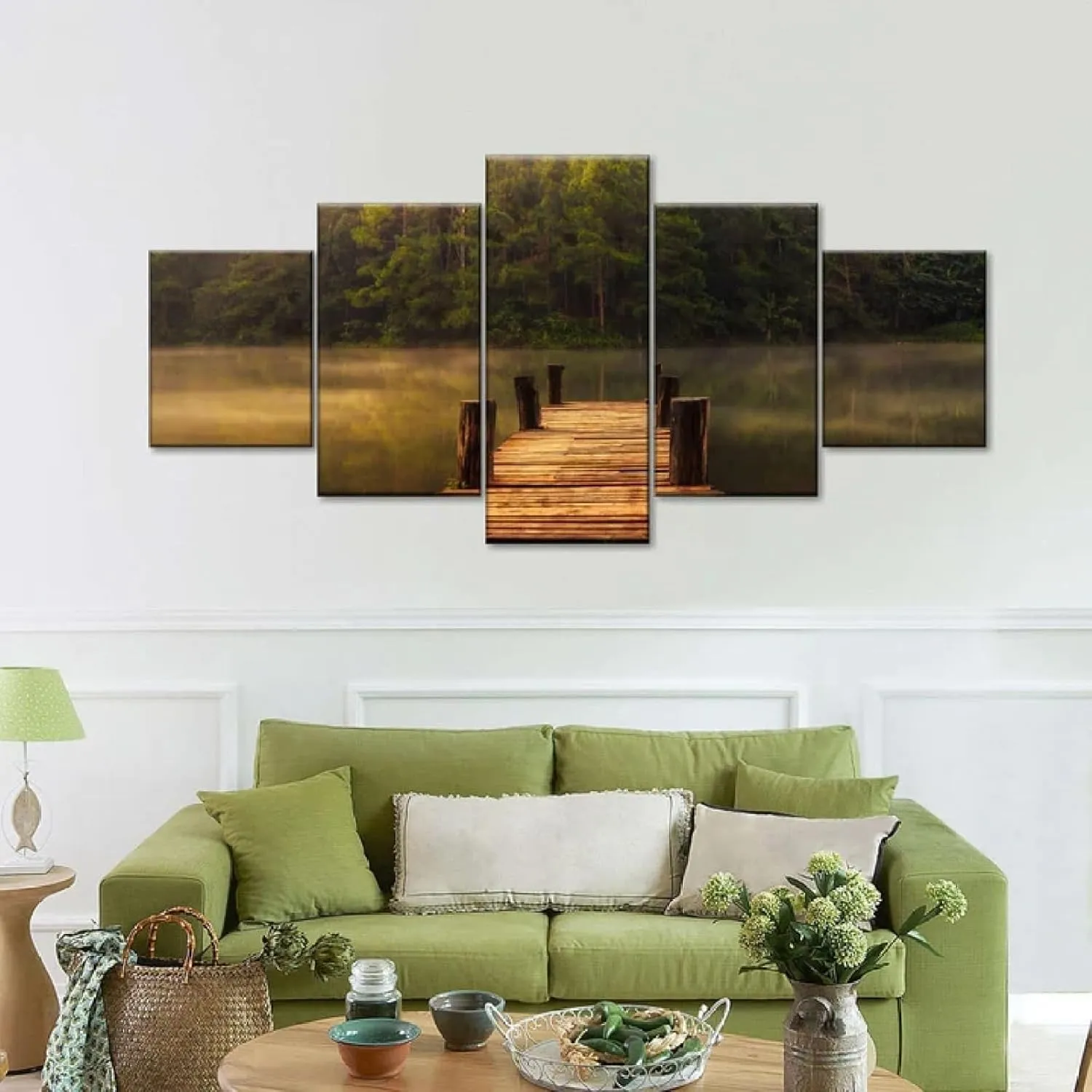 Canvas Picture 5 Pieces Wall Art Canvas Painting Framed 5 Panels Paintings Mississippi River Dock Poster for Living Room and Bedroom Decor Piece Stretched by Wooden Frame Ready to Hang