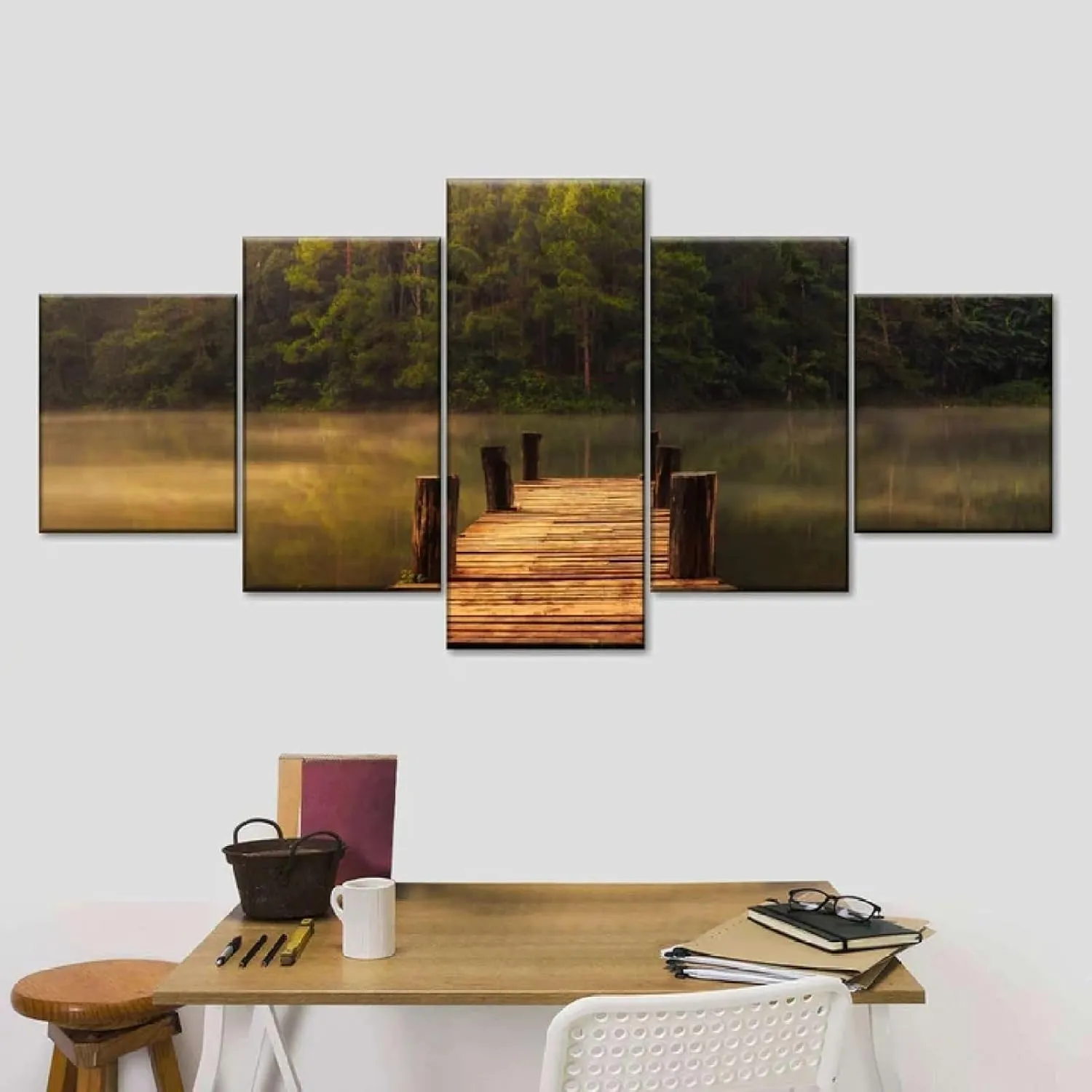 Canvas Picture 5 Pieces Wall Art Canvas Painting Framed 5 Panels Paintings Mississippi River Dock Poster for Living Room and Bedroom Decor Piece Stretched by Wooden Frame Ready to Hang