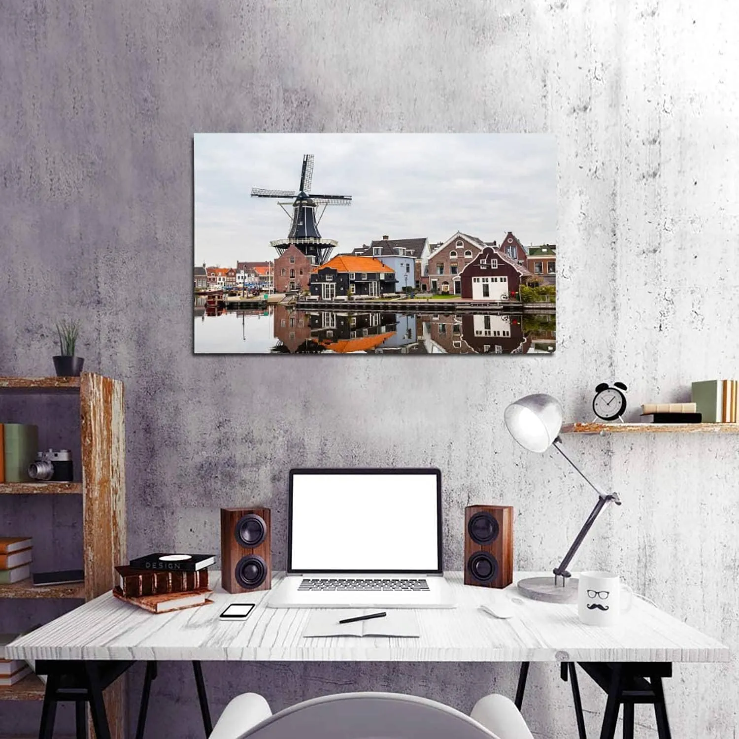 Canvas Print Pictures Wall Art Painting Picturesque Morning Landscape with The Windmill haarlem Holland Framed & Stretched Posters Ready to Hang Home Decor Artworks - 20x32inch