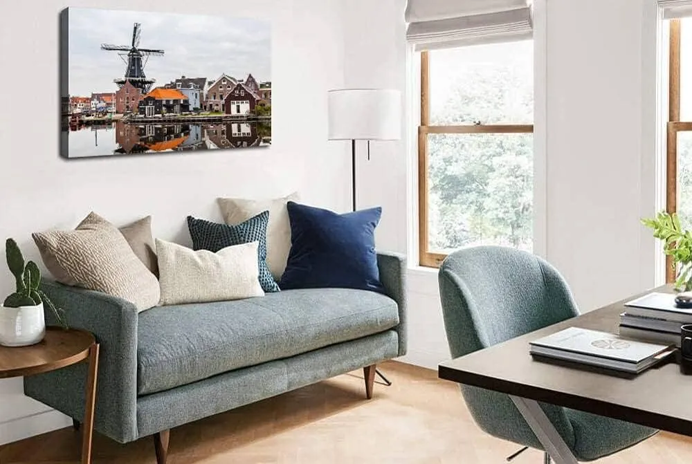 Canvas Print Pictures Wall Art Painting Picturesque Morning Landscape with The Windmill haarlem Holland Framed & Stretched Posters Ready to Hang Home Decor Artworks - 20x32inch