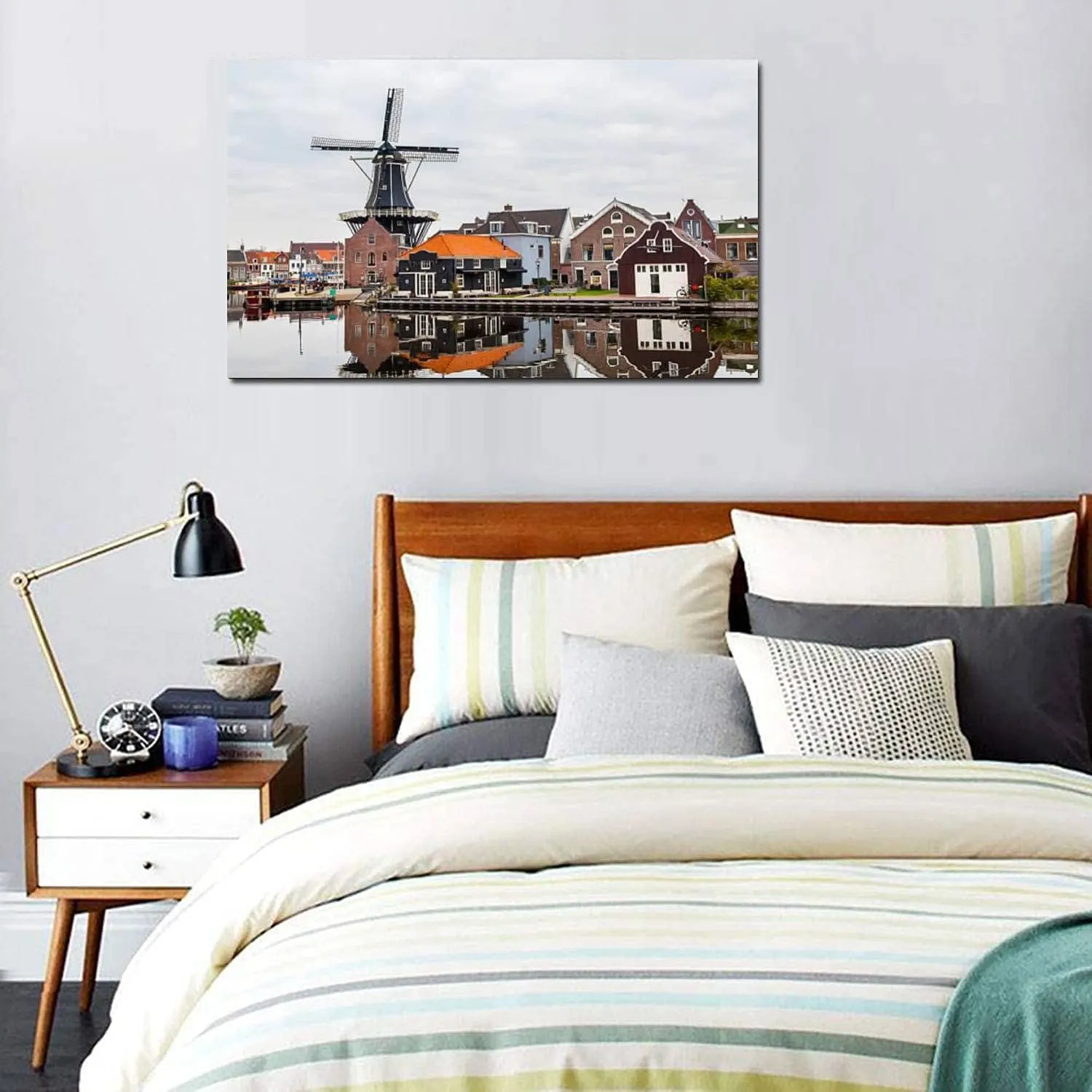 Canvas Print Pictures Wall Art Painting Picturesque Morning Landscape with The Windmill haarlem Holland Framed & Stretched Posters Ready to Hang Home Decor Artworks - 20x32inch