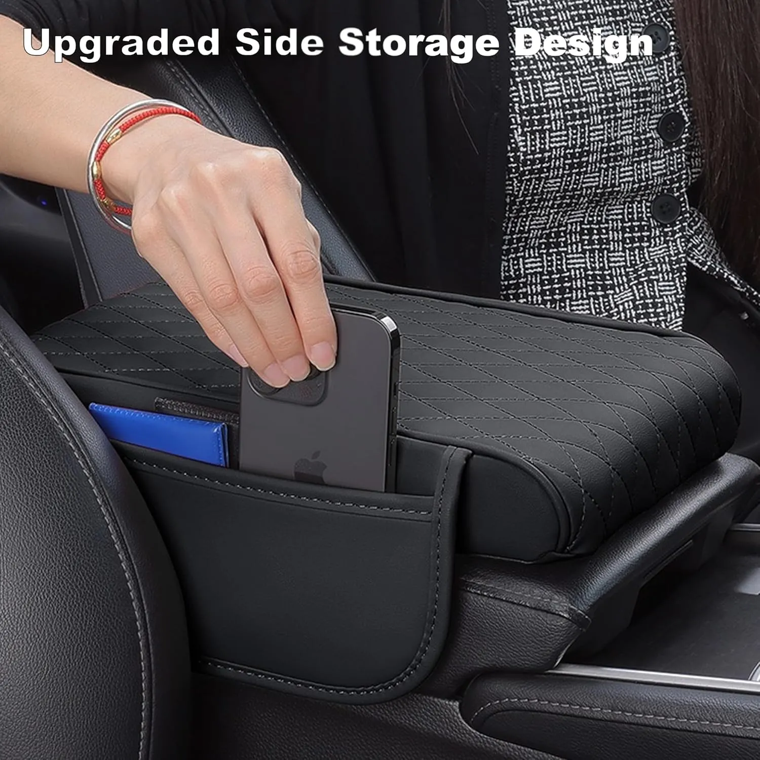 Car Center Console Cover, Leather Memory Foam Car Armrest Cover Cushion with 2 Storage Bags, Universal Waterproof Armrest Seat Box Pad, Comfortable Car Interior Accessories for Most Vehicles (Black-B)