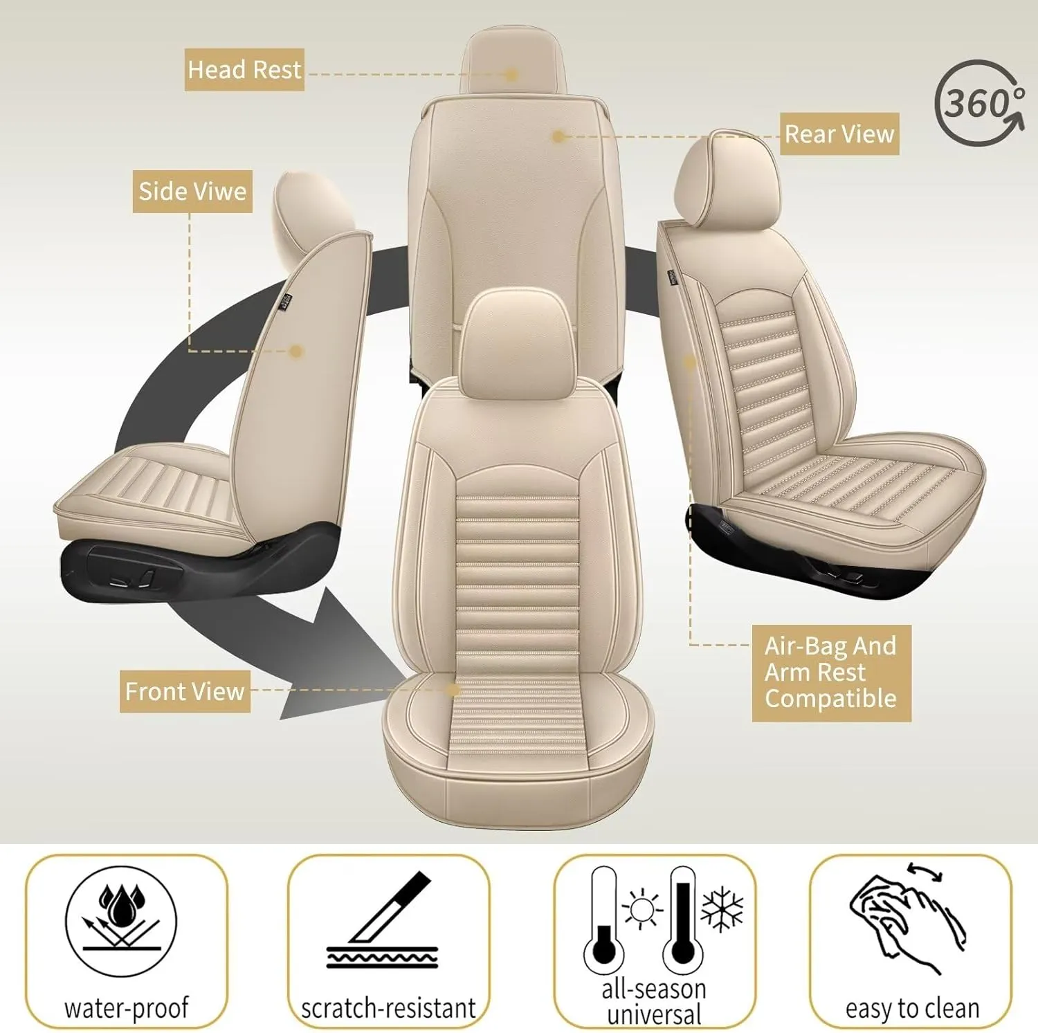 Car Seat Covers Fit for Hyundai Santa Cruz 2022 2023 2024 2025 Faux Full Set of Seat Cover Airbag Compatible Waterproof Seat Cushion(Beige)-2 Rows 5 Seats