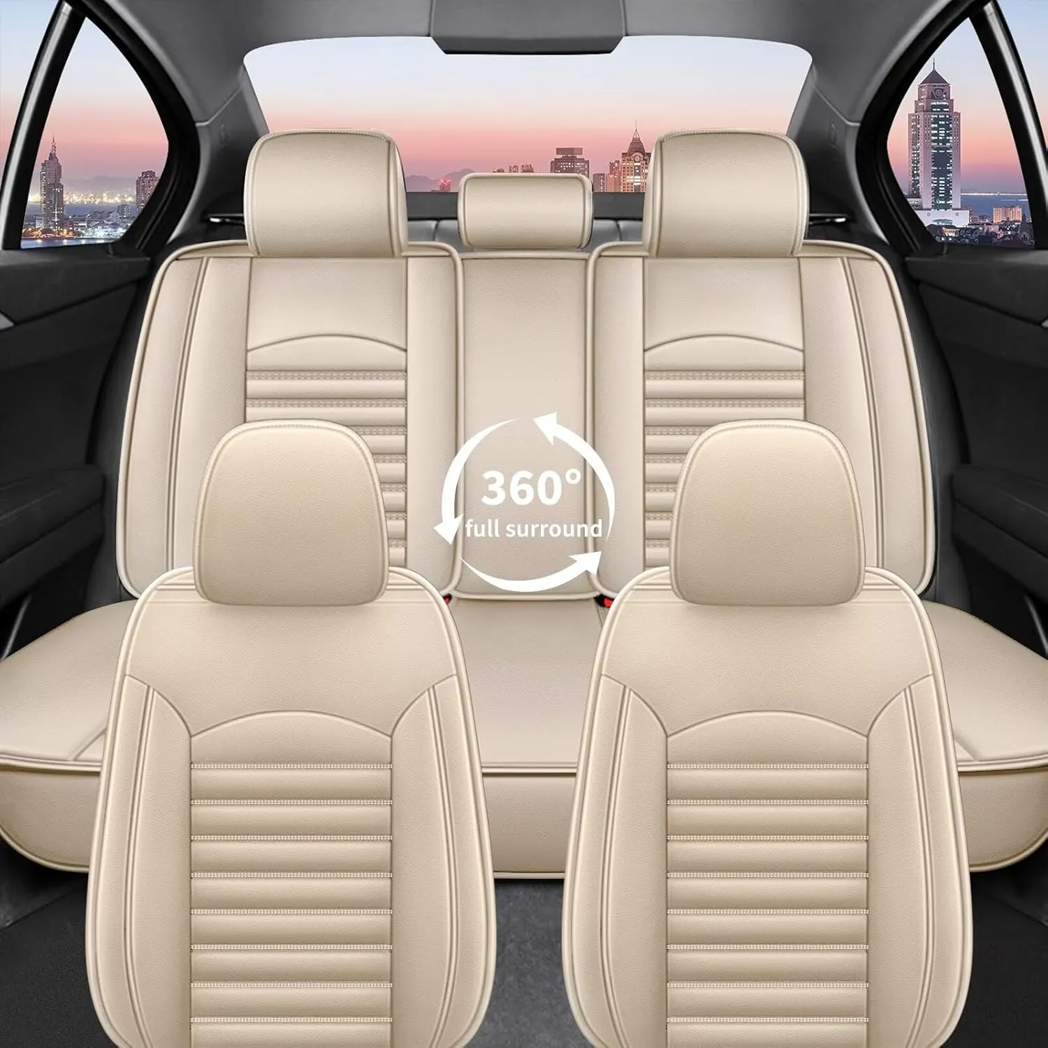 Car Seat Covers Fit for Hyundai Santa Cruz 2022 2023 2024 2025 Faux Full Set of Seat Cover Airbag Compatible Waterproof Seat Cushion(Beige)-2 Rows 5 Seats