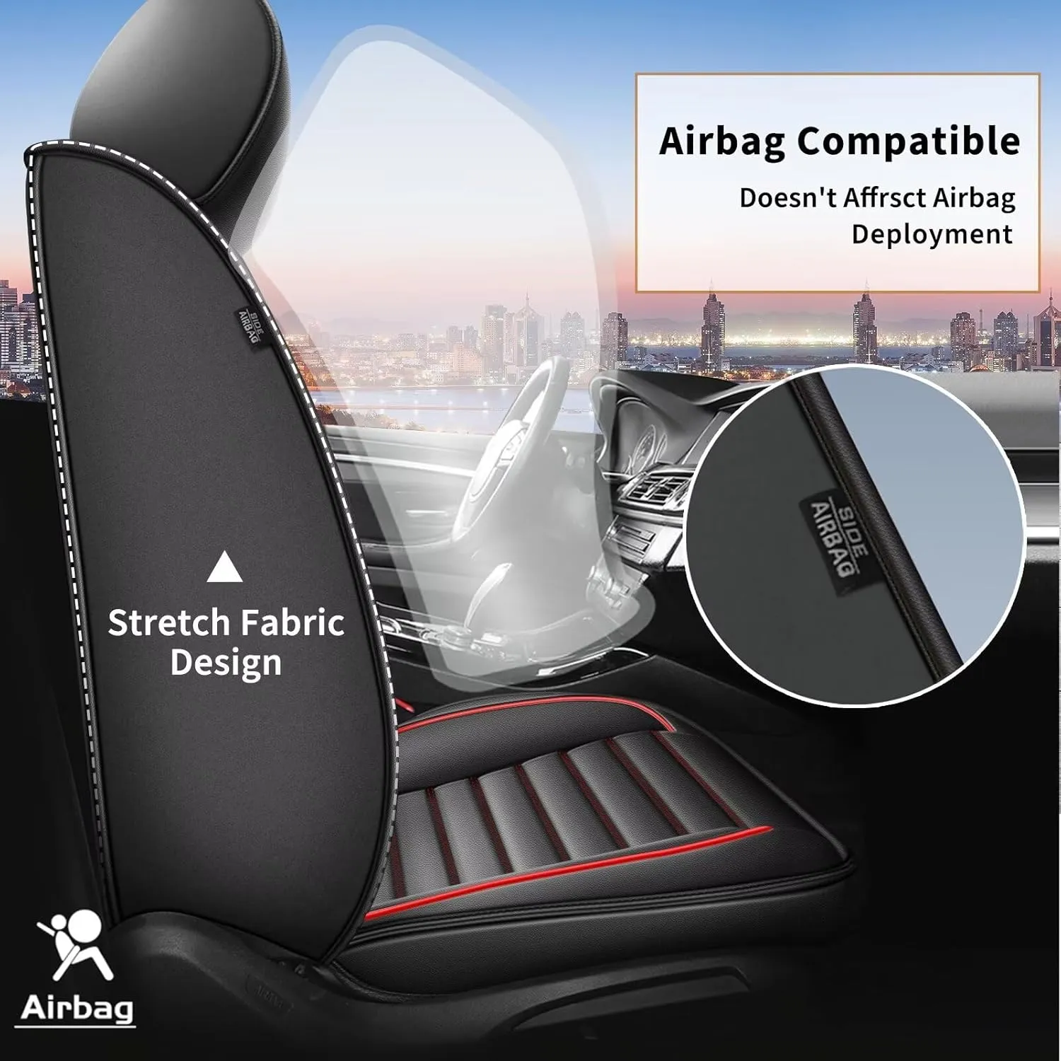Car Seat Covers Fit for Hyundai Santa Cruz 2022-2024 2025 Faux Leather Seat Cover Full Set Compatible Airbag Waterproof Seat Cushion (2 Rows 5 Seat)-Red Line