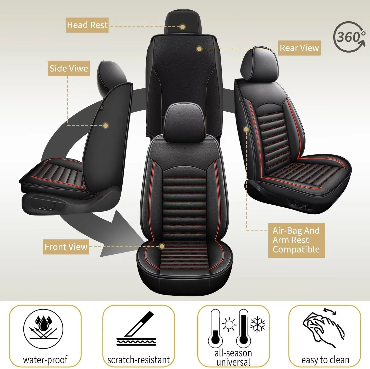 Car Seat Covers Fit for Hyundai Santa Cruz 2022-2024 2025 Faux Leather Seat Cover Full Set Compatible Airbag Waterproof Seat Cushion (2 Rows 5 Seat)-Red Line