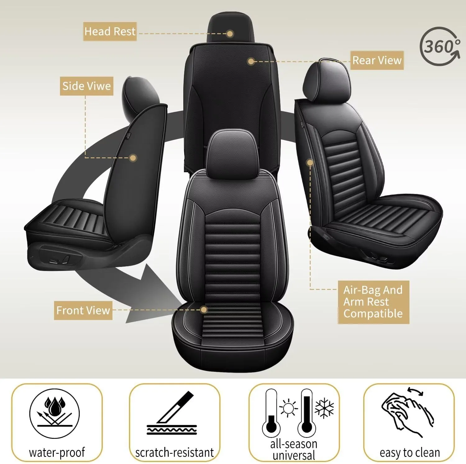 Car Seat Covers Fit for Saturn Aura/Aura Hybrid 2007-2009 Faux Full Set of Seat Cover Airbag Compatible Waterproof Seat Cushion(Black)-2 Rows 5 Seats