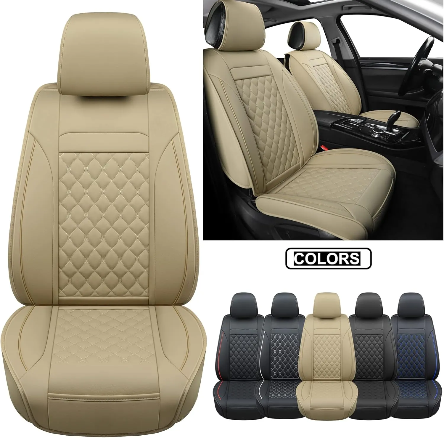 Car Seat Covers Front Pair,Universal Fit for Most Cars,SUV,Sedans and Pick-up Trucks,Automotive Faux Leather Vehicle Cushion Covers(Front Pair,Beige)