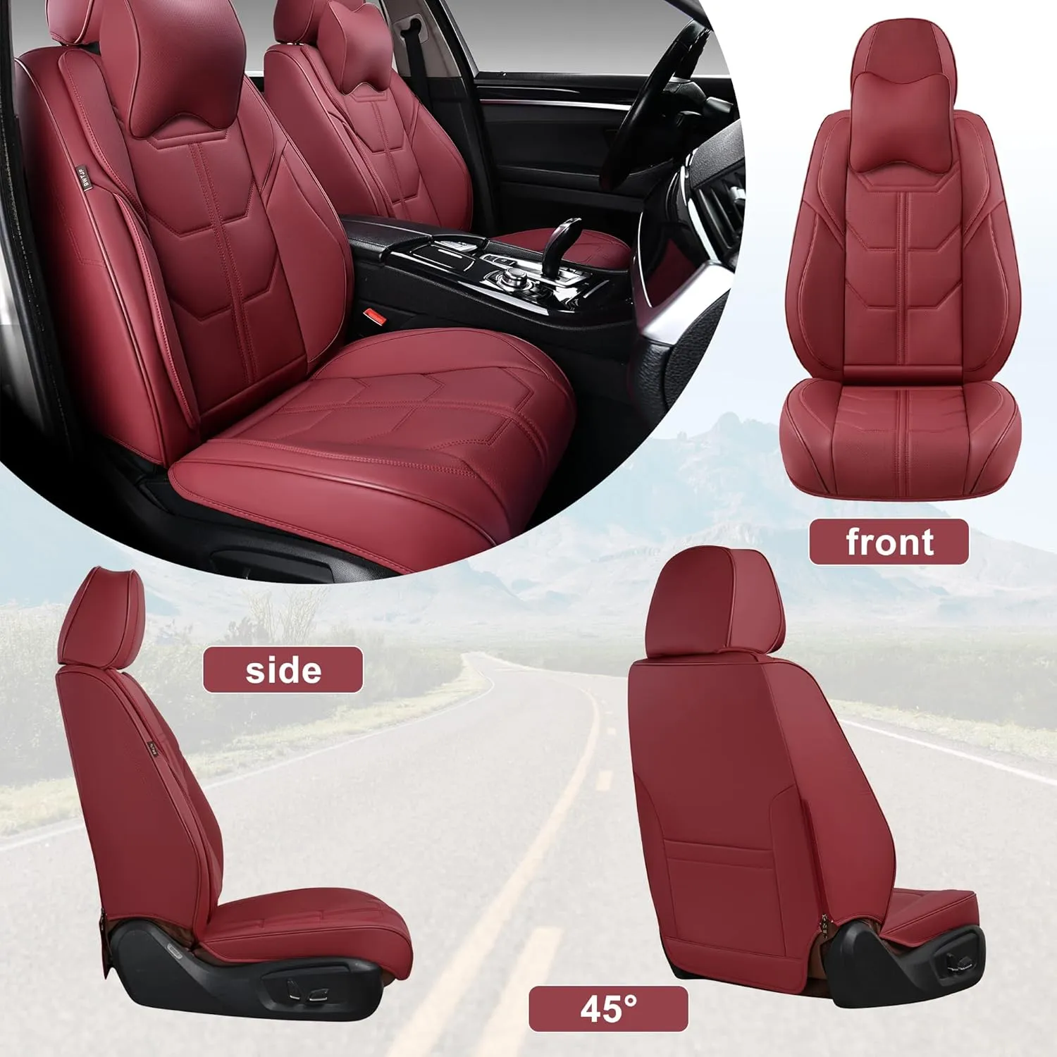 Car Seat Covers Full Set, Front and Rear Seat Covers for Cars, Leatherette Auto Seat Protectors with Head Pillow, Car Seat Cushions Fit for Most Sedans SUV Pick-up Truck, WineRed