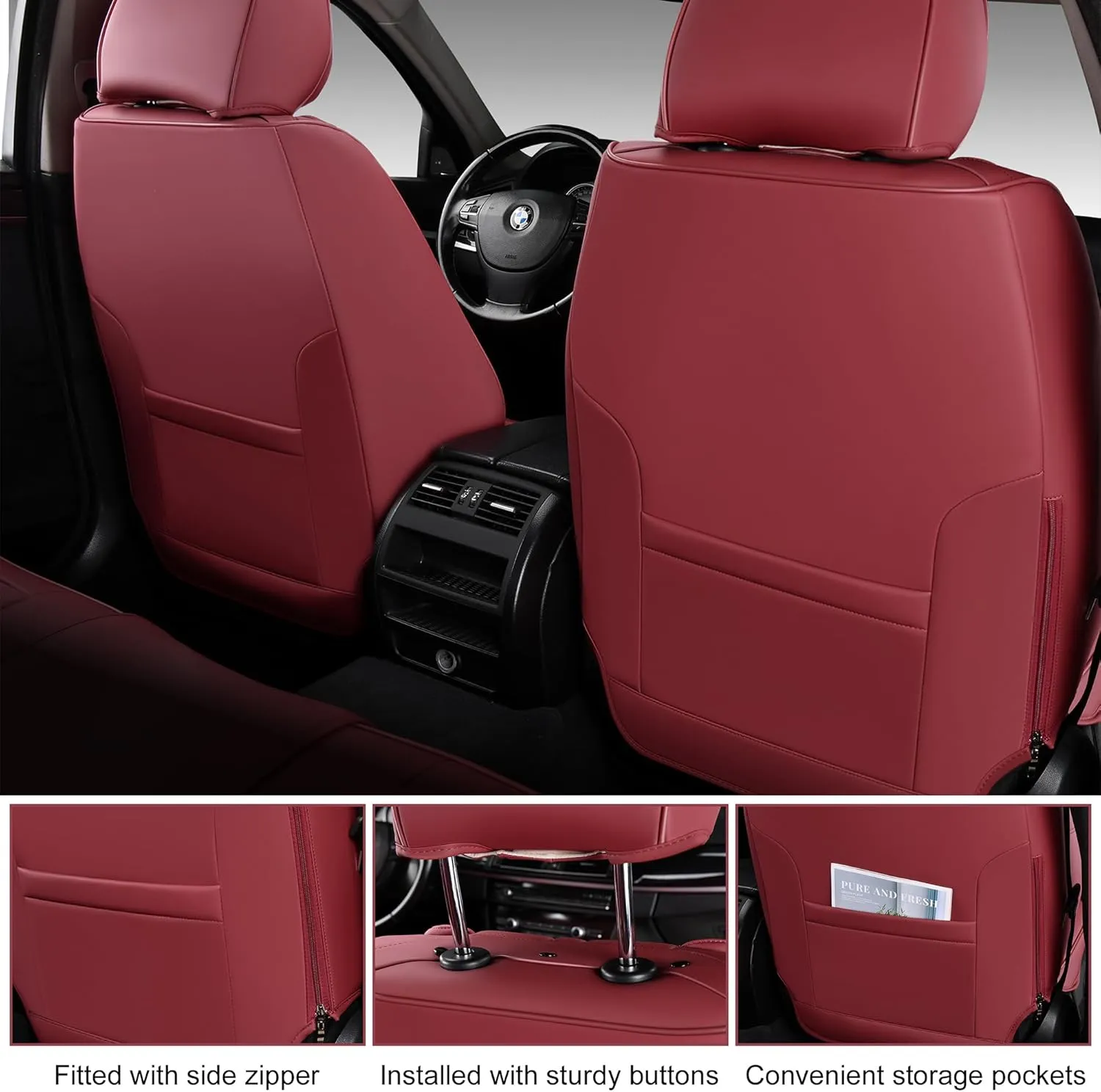 Car Seat Covers Full Set, Front and Rear Seat Covers for Cars, Leatherette Auto Seat Protectors with Head Pillow, Car Seat Cushions Fit for Most Sedans SUV Pick-up Truck, WineRed