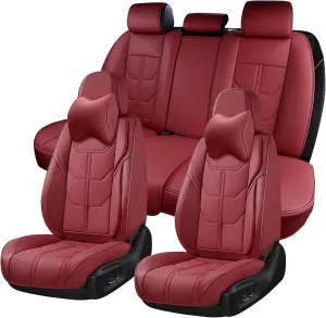 Car Seat Covers Full Set, Front and Rear Seat Covers for Cars, Leatherette Auto Seat Protectors with Head Pillow, Car Seat Cushions Fit for Most Sedans SUV Pick-up Truck, WineRed
