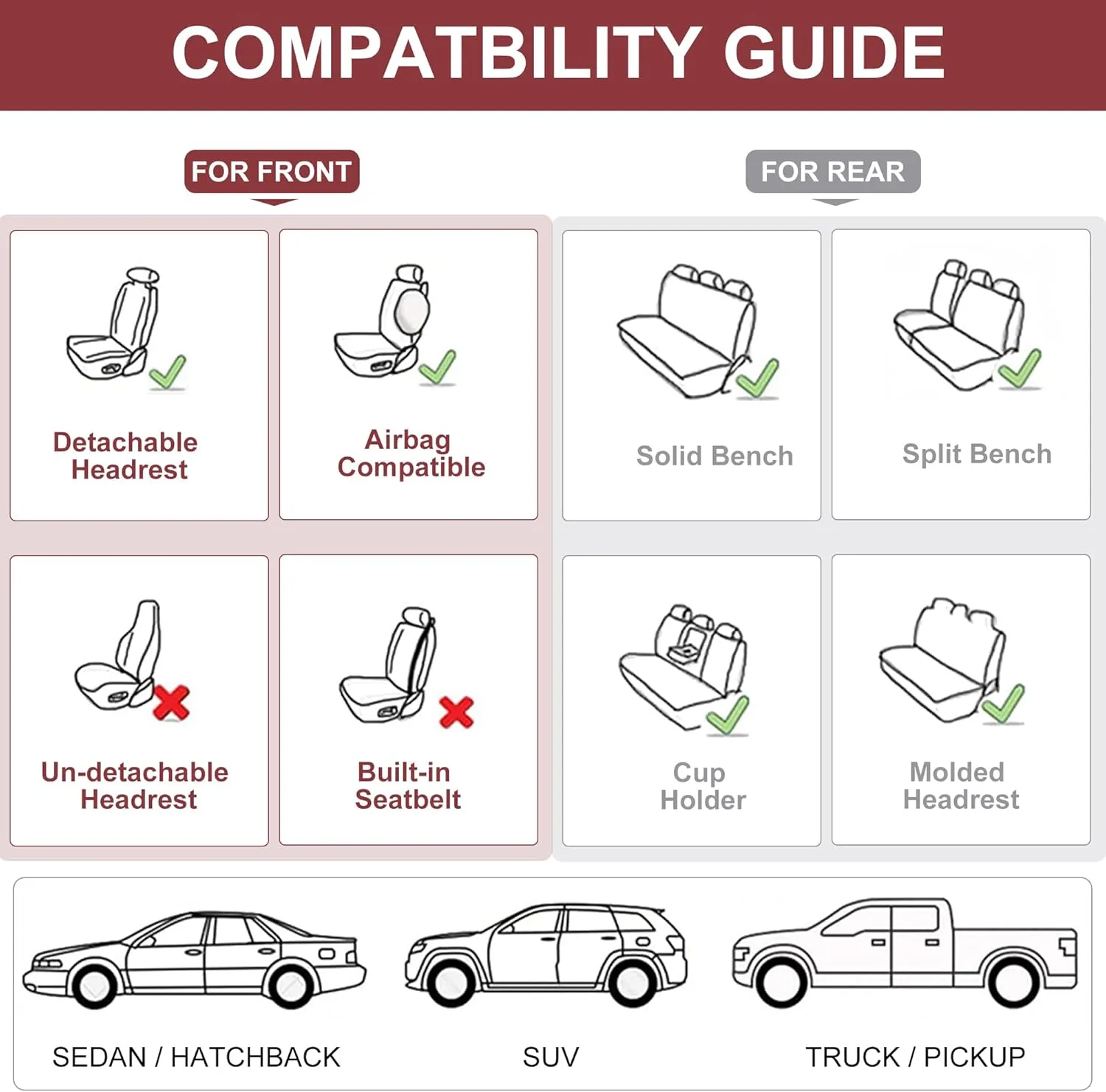 Car Seat Covers Full Set, Front and Rear Seat Covers for Cars, Leatherette Auto Seat Protectors with Head Pillow, Car Seat Cushions Fit for Most Sedans SUV Pick-up Truck, WineRed