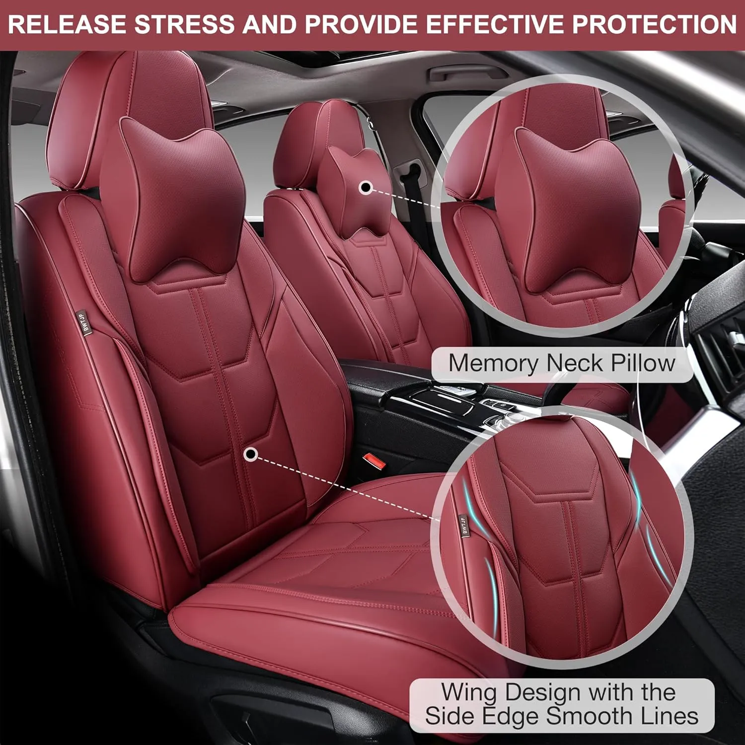 Car Seat Covers Full Set, Front and Rear Seat Covers for Cars, Leatherette Auto Seat Protectors with Head Pillow, Car Seat Cushions Fit for Most Sedans SUV Pick-up Truck, WineRed