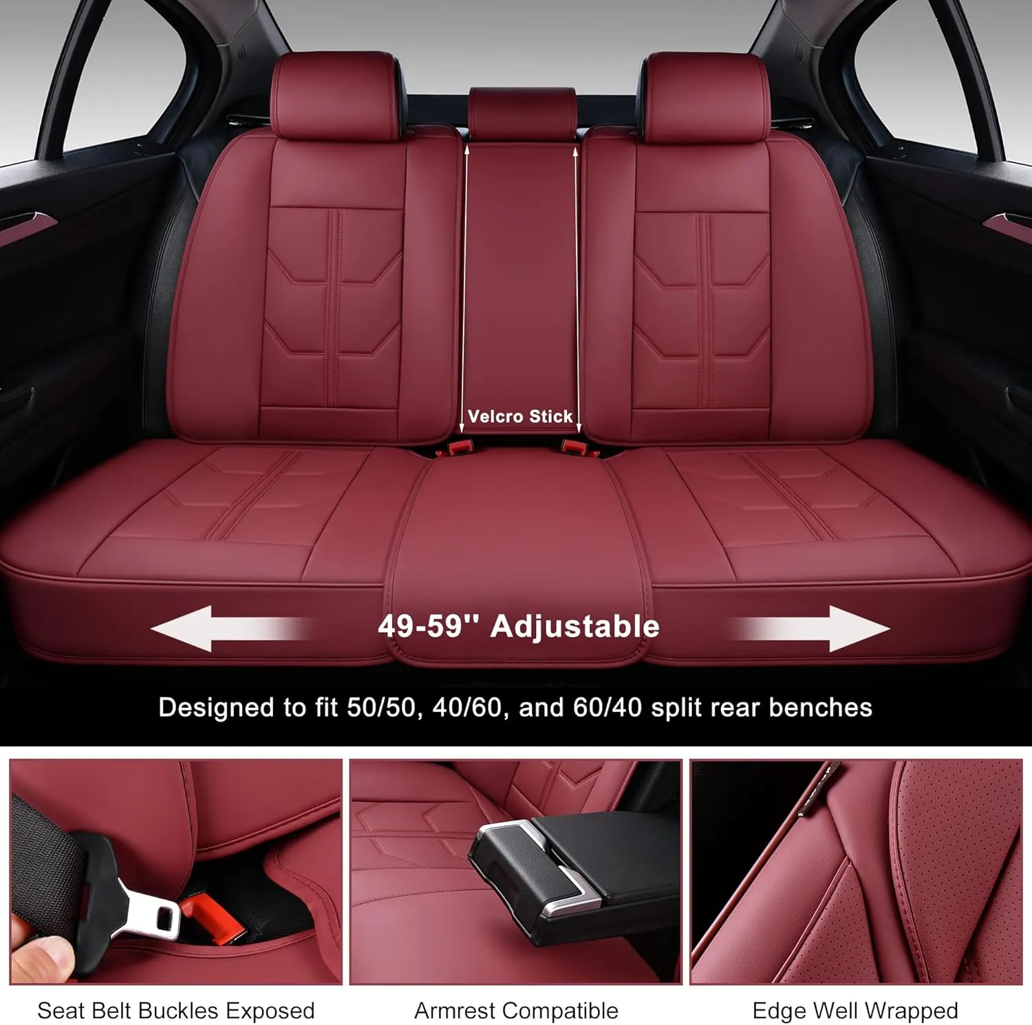 Car Seat Covers Full Set, Front and Rear Seat Covers for Cars, Leatherette Auto Seat Protectors with Head Pillow, Car Seat Cushions Fit for Most Sedans SUV Pick-up Truck, WineRed