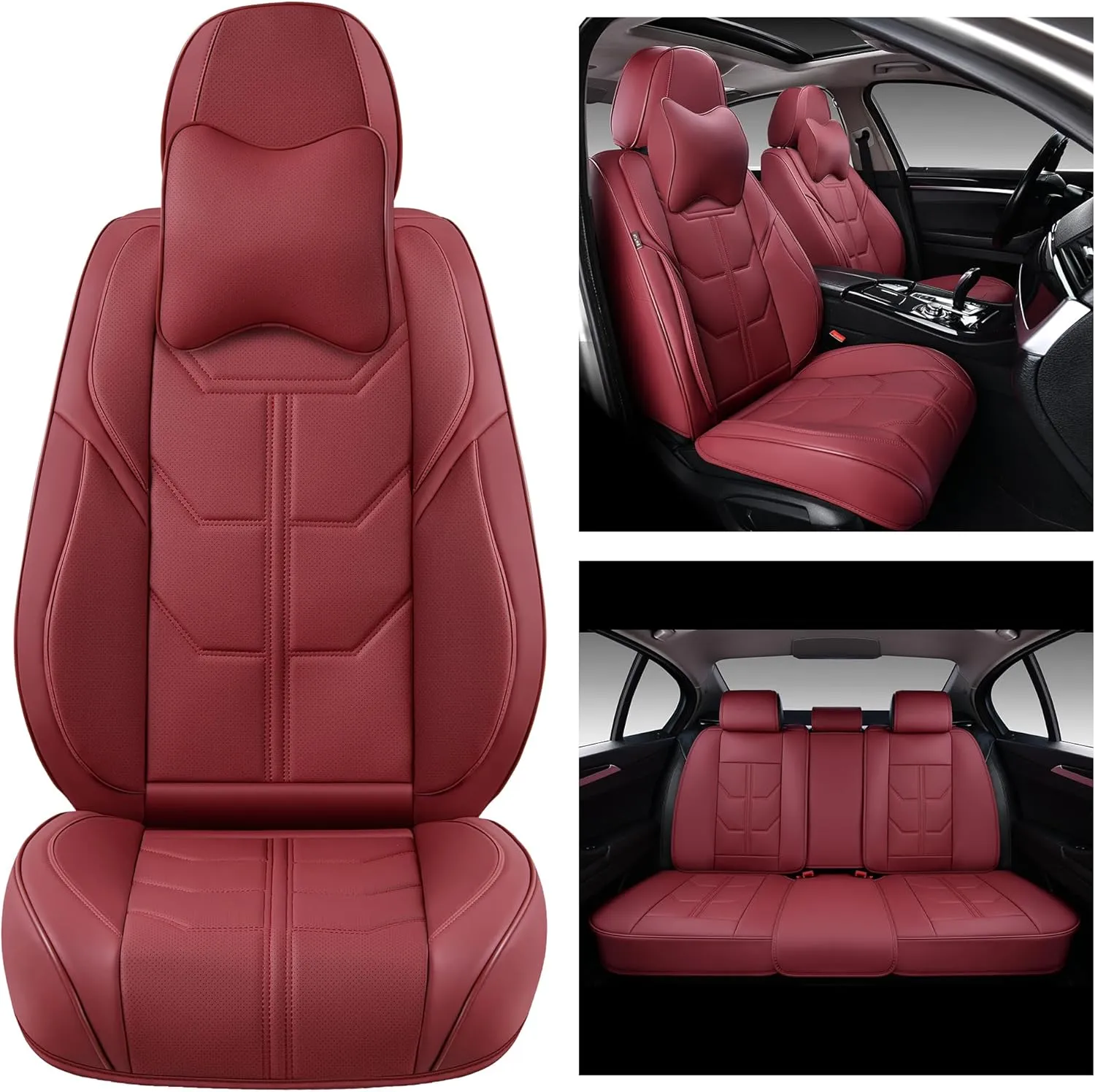 Car Seat Covers Full Set, Front and Rear Seat Covers for Cars, Leatherette Auto Seat Protectors with Head Pillow, Car Seat Cushions Fit for Most Sedans SUV Pick-up Truck, WineRed