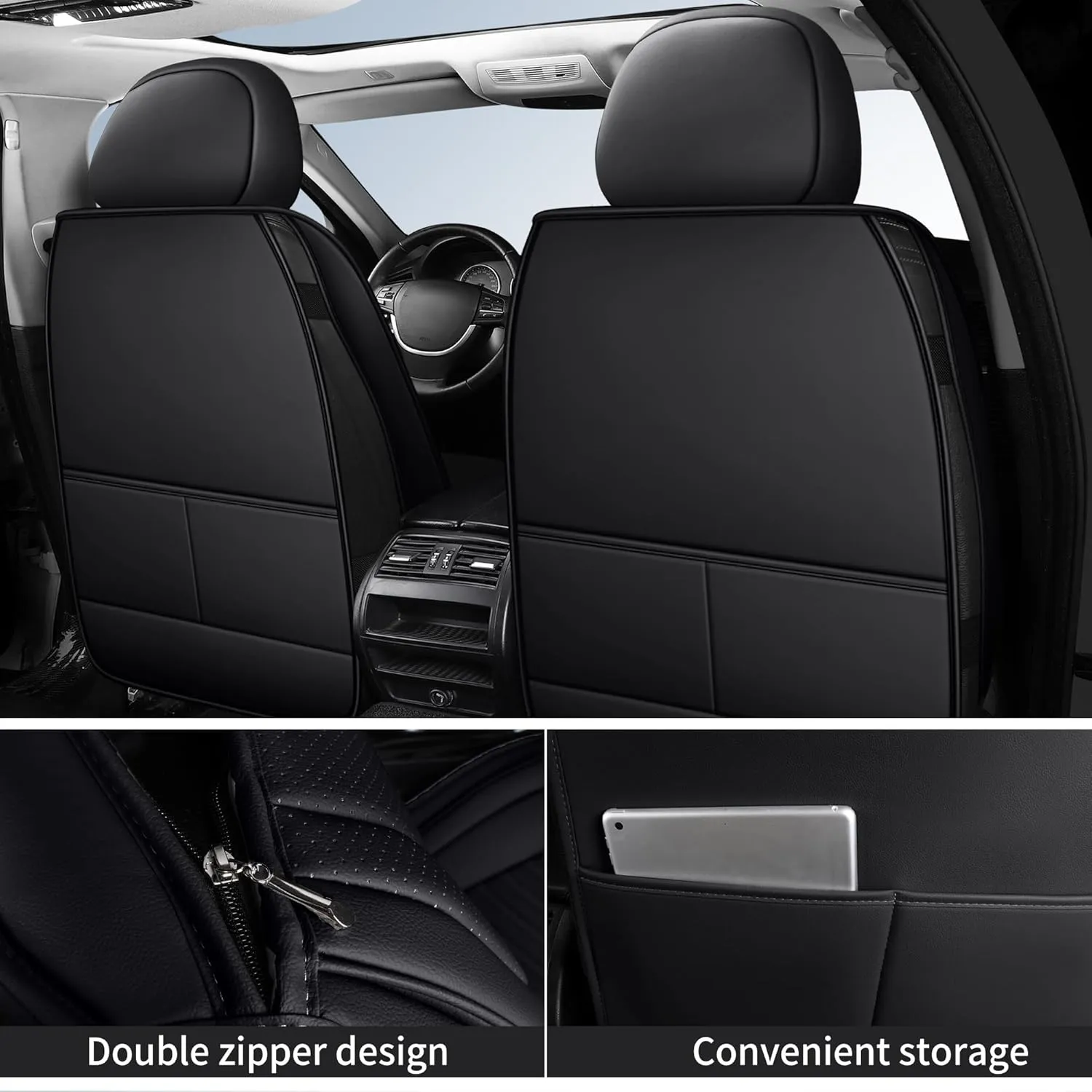 Car Seat Covers,Breathable and Waterproof Faux Leather Automotive Seat Covers for Cars SUV Truck Sedan,Universal Anti-Slip Driver Seat Cover with Backrest (Style1,2 PCS Front Seat,Black)