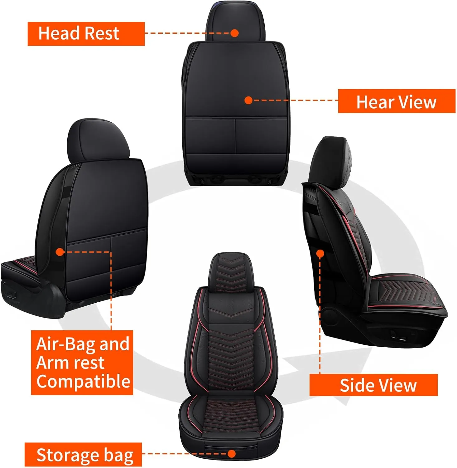 Car Seat Covers,Breathable and Waterproof Leather Seat Covers for Cars,Universal Anti-Slip Driver Seat Cover with Backrest for SUV Pick-up Truck Sedan(Style1,2 PCS Front Seat,Black Red)