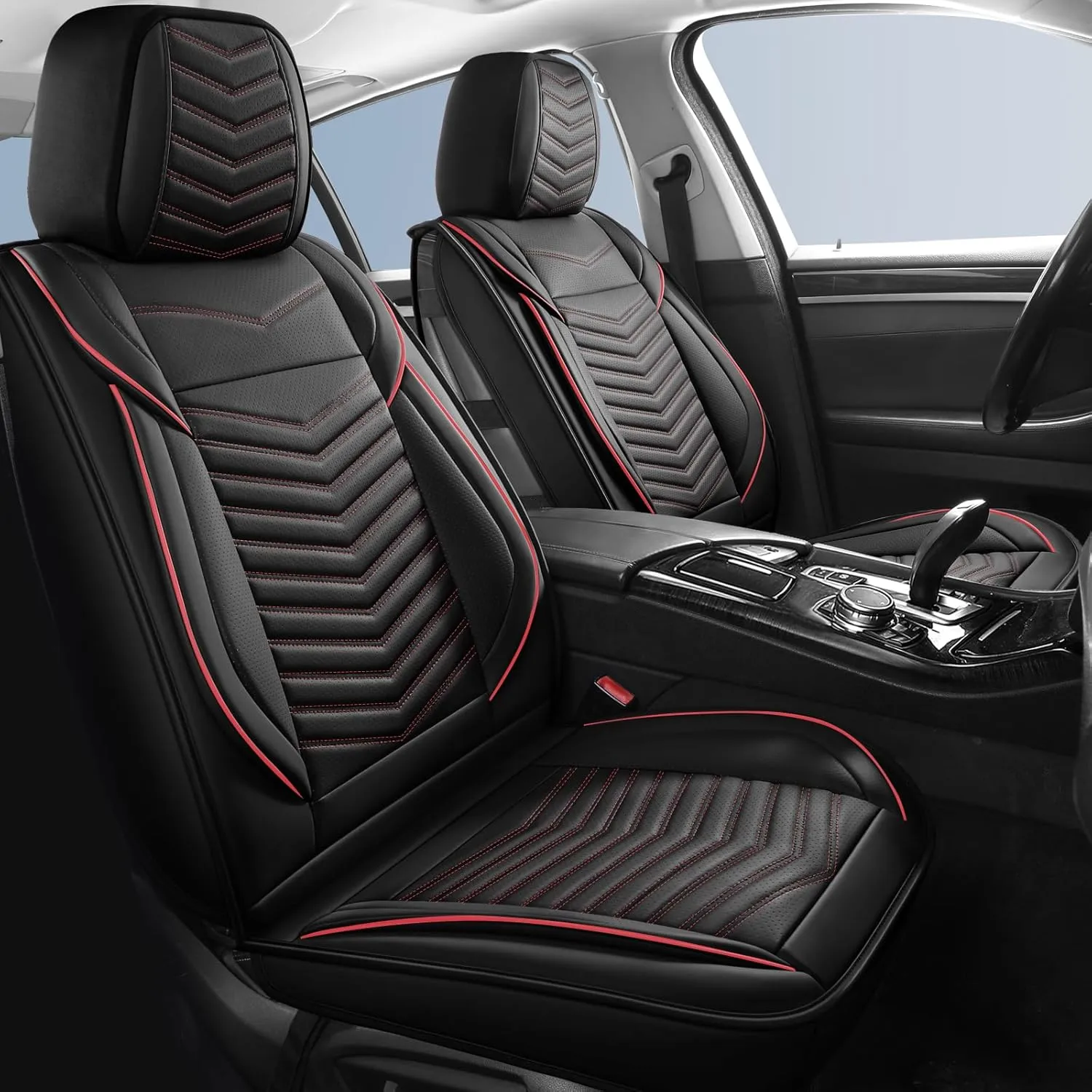 Car Seat Covers,Breathable and Waterproof Leather Seat Covers for Cars,Universal Anti-Slip Driver Seat Cover with Backrest for SUV Pick-up Truck Sedan(Style1,2 PCS Front Seat,Black Red)