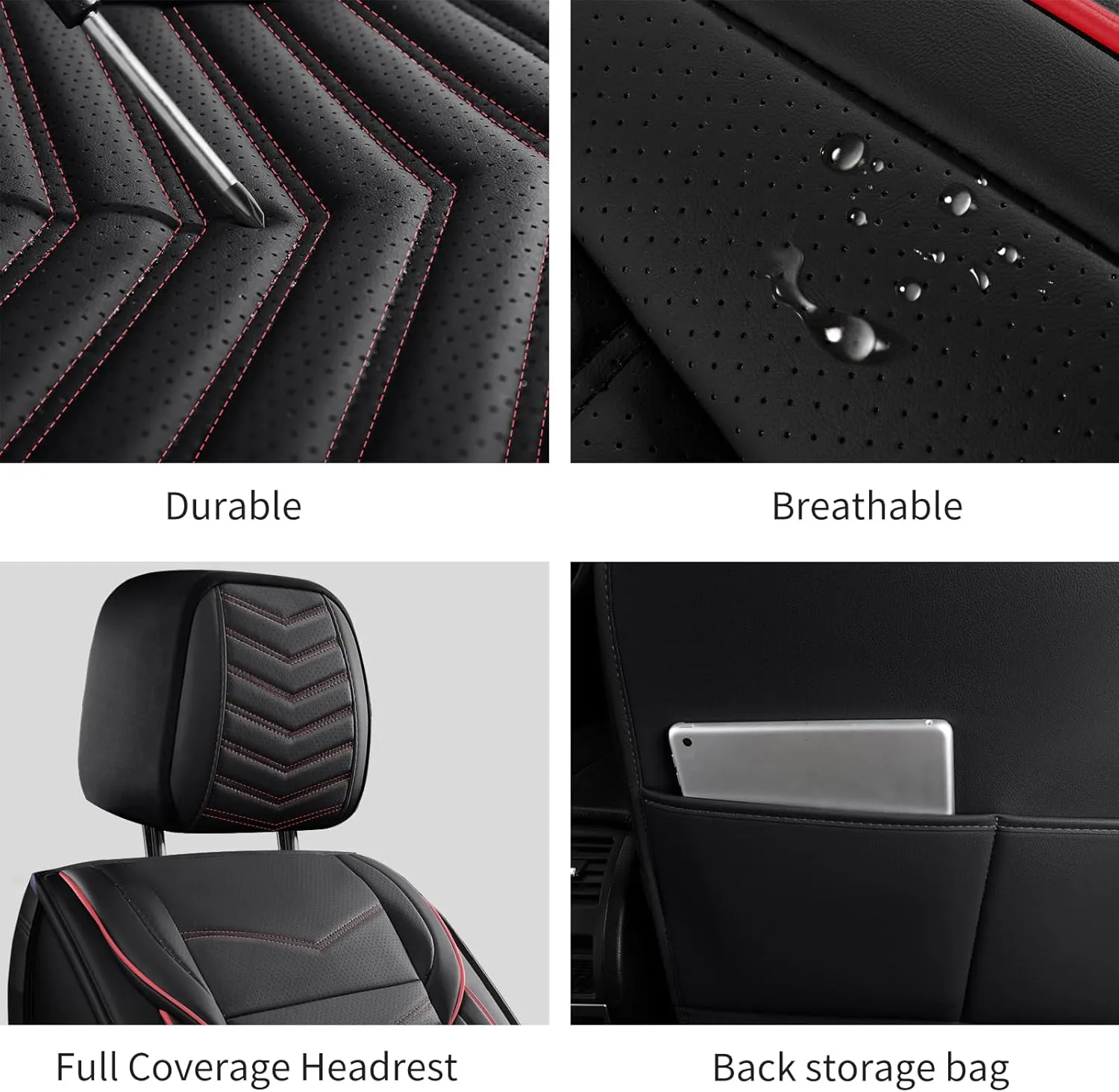 Car Seat Covers,Breathable and Waterproof Leather Seat Covers for Cars,Universal Anti-Slip Driver Seat Cover with Backrest for SUV Pick-up Truck Sedan(Style1,2 PCS Front Seat,Black Red)