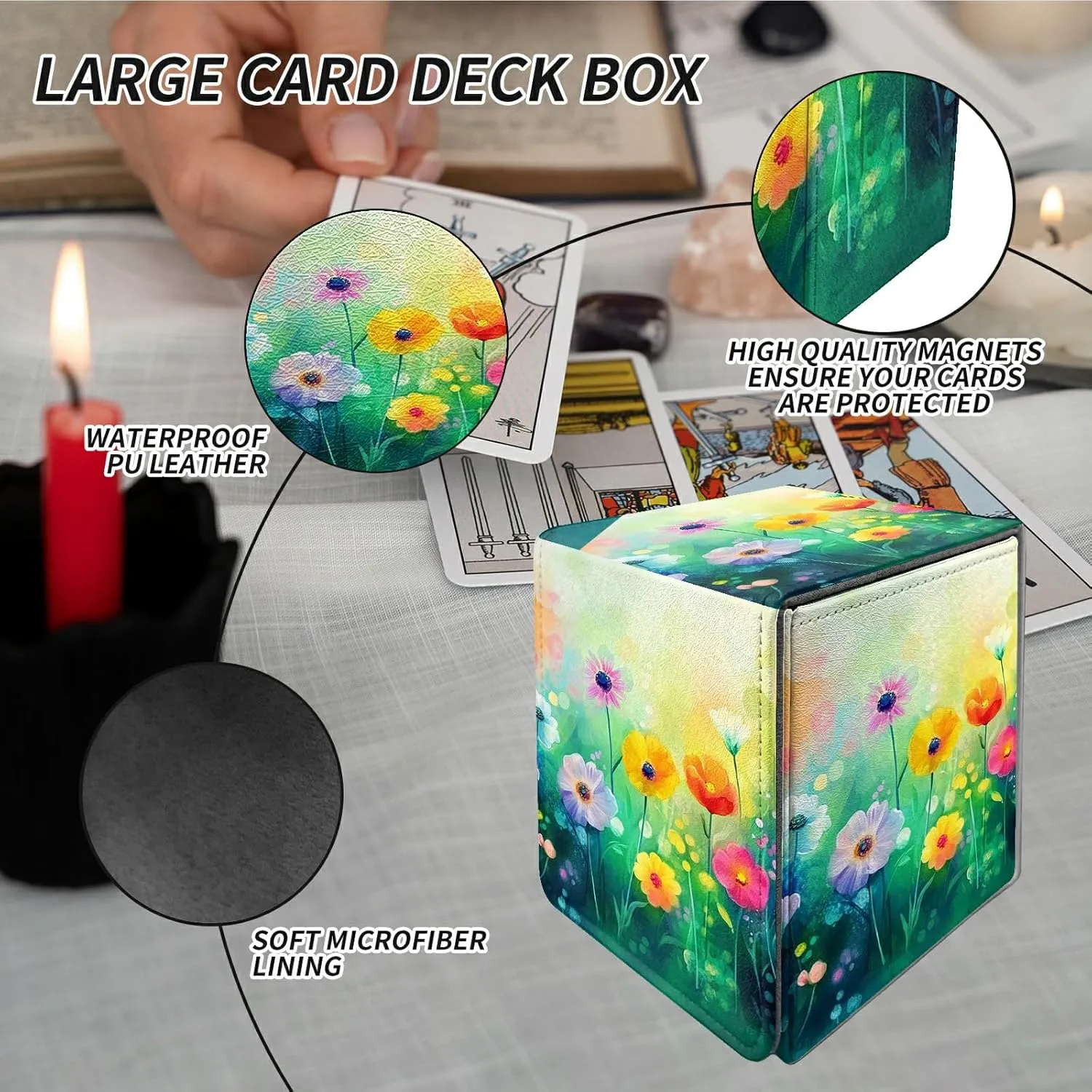 Card Deck Box Trading Cards with Strong Magnet Colorful Flower Garden Theme Commander Deck Box Card Storage Box Magic Premium Card Storage Box Case Cover for TCG CCG Magic Cards
