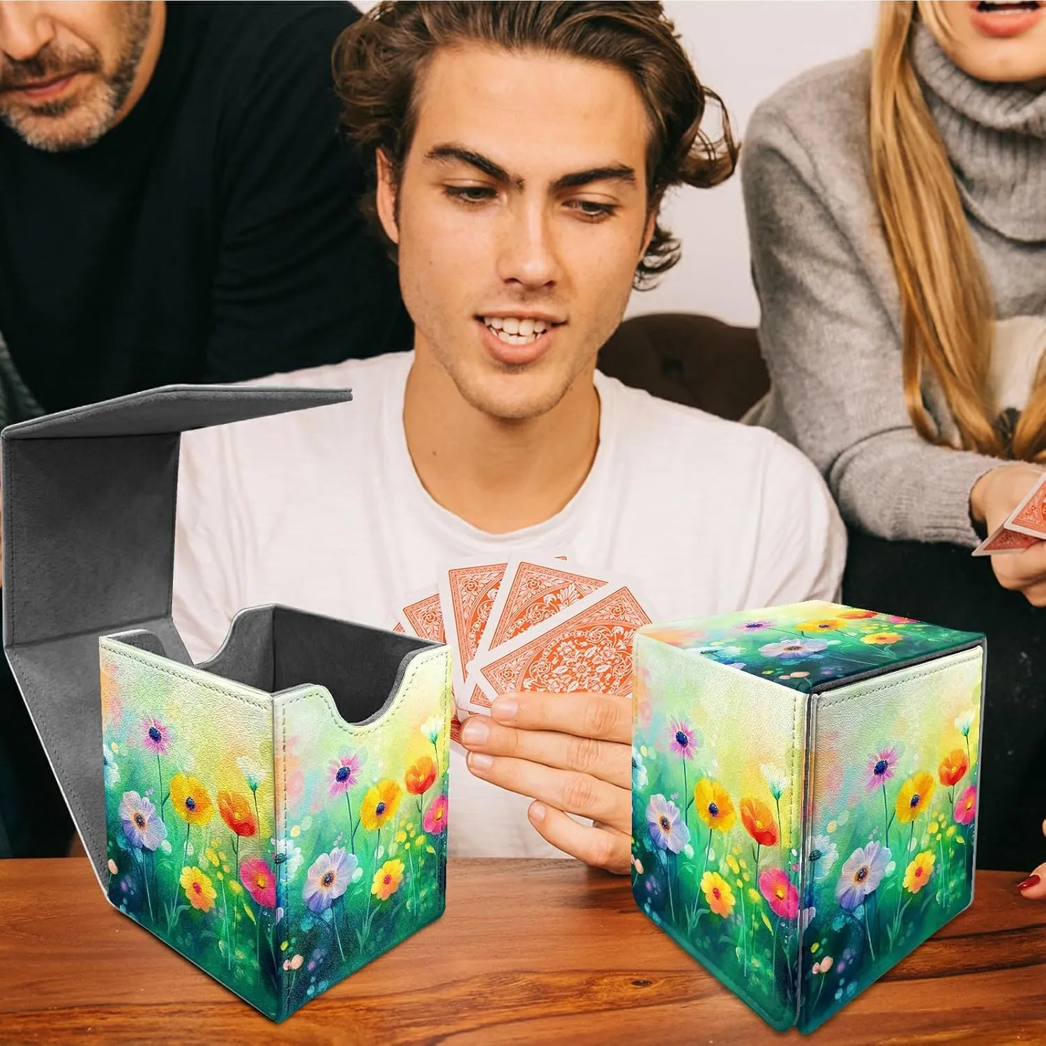 Card Deck Box Trading Cards with Strong Magnet Colorful Flower Garden Theme Commander Deck Box Card Storage Box Magic Premium Card Storage Box Case Cover for TCG CCG Magic Cards