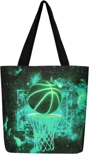 Castle Fairy Basketball Canvas Tote Bag Neon Light Lines Aesthetic Tote Bag for Adults Men Shopping Gym 19.7x5.1 Inch