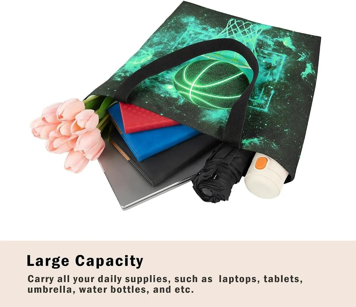 Castle Fairy Basketball Canvas Tote Bag Neon Light Lines Aesthetic Tote Bag for Adults Men Shopping Gym 19.7x5.1 Inch