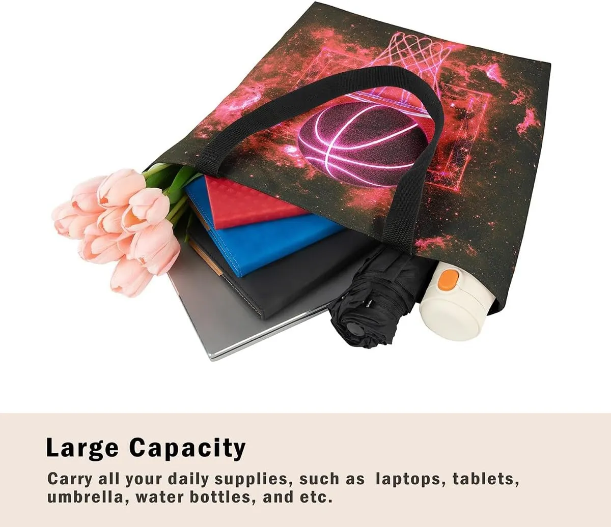 Castle Fairy Basketball Canvas Tote Bag Neon Light Lines Aesthetic Tote Bag for Adults Men Shopping Gym 19.7x5.1 Inch