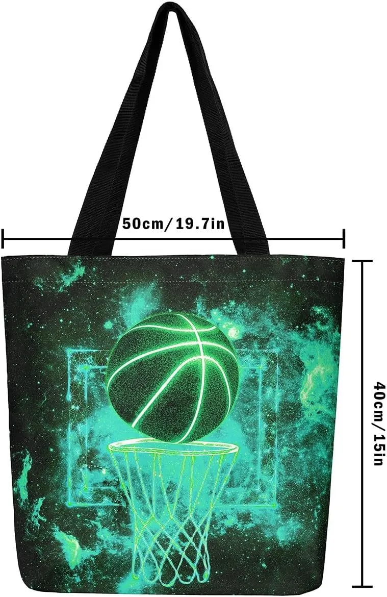 Castle Fairy Basketball Canvas Tote Bag Neon Light Lines Aesthetic Tote Bag for Adults Men Shopping Gym 19.7x5.1 Inch