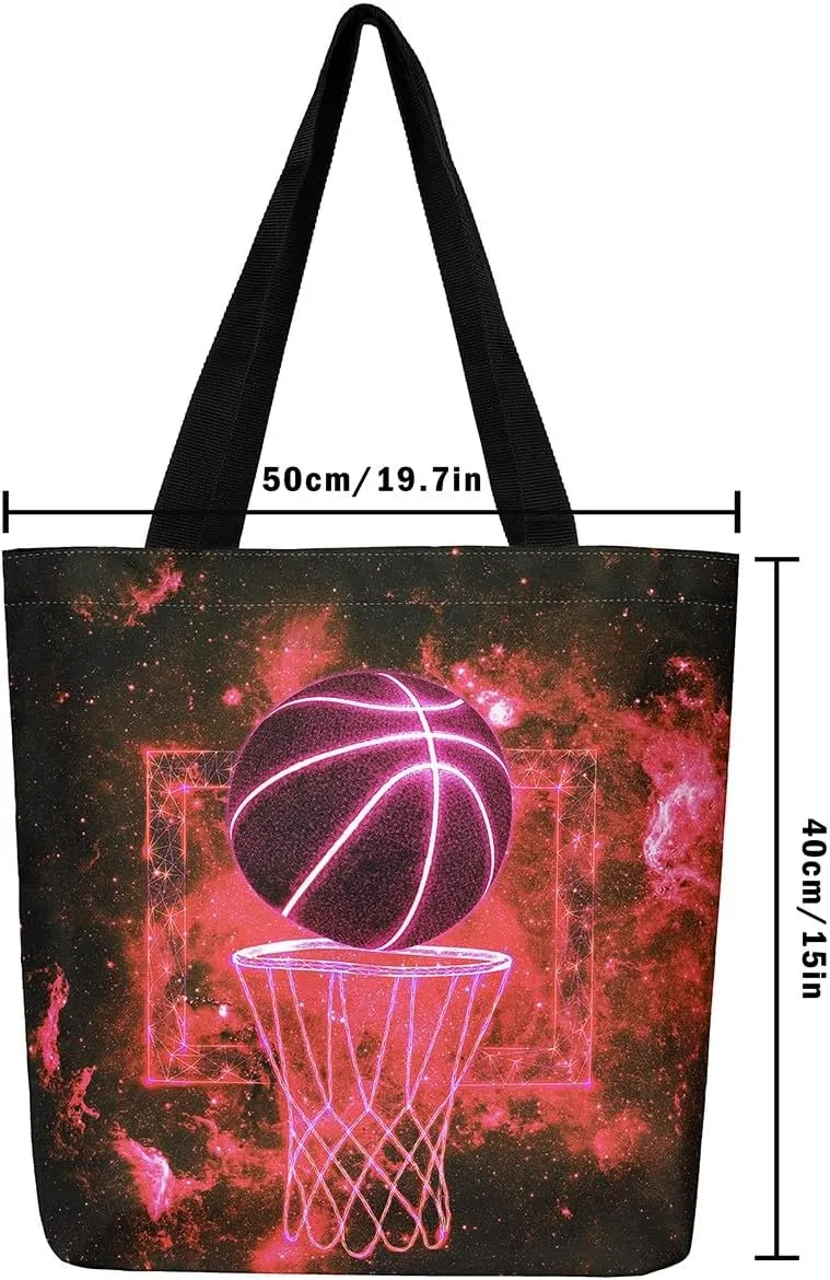 Castle Fairy Basketball Canvas Tote Bag Neon Light Lines Aesthetic Tote Bag for Adults Men Shopping Gym 19.7x5.1 Inch