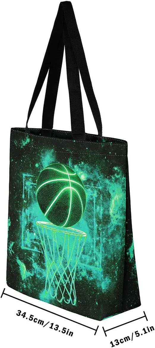 Castle Fairy Basketball Canvas Tote Bag Neon Light Lines Aesthetic Tote Bag for Adults Men Shopping Gym 19.7x5.1 Inch