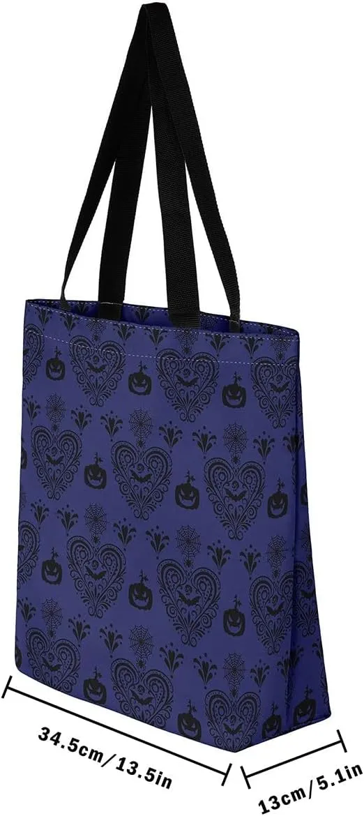 Castle Fairy Bat Pumpkin Lantern Reusable Grocery Handbag,Gothic Black White Halloween Canvas Tote Bag