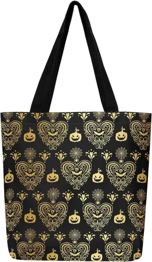 Castle Fairy Bat Pumpkin Lantern Reusable Grocery Handbag,Gothic Black White Halloween Canvas Tote Bag