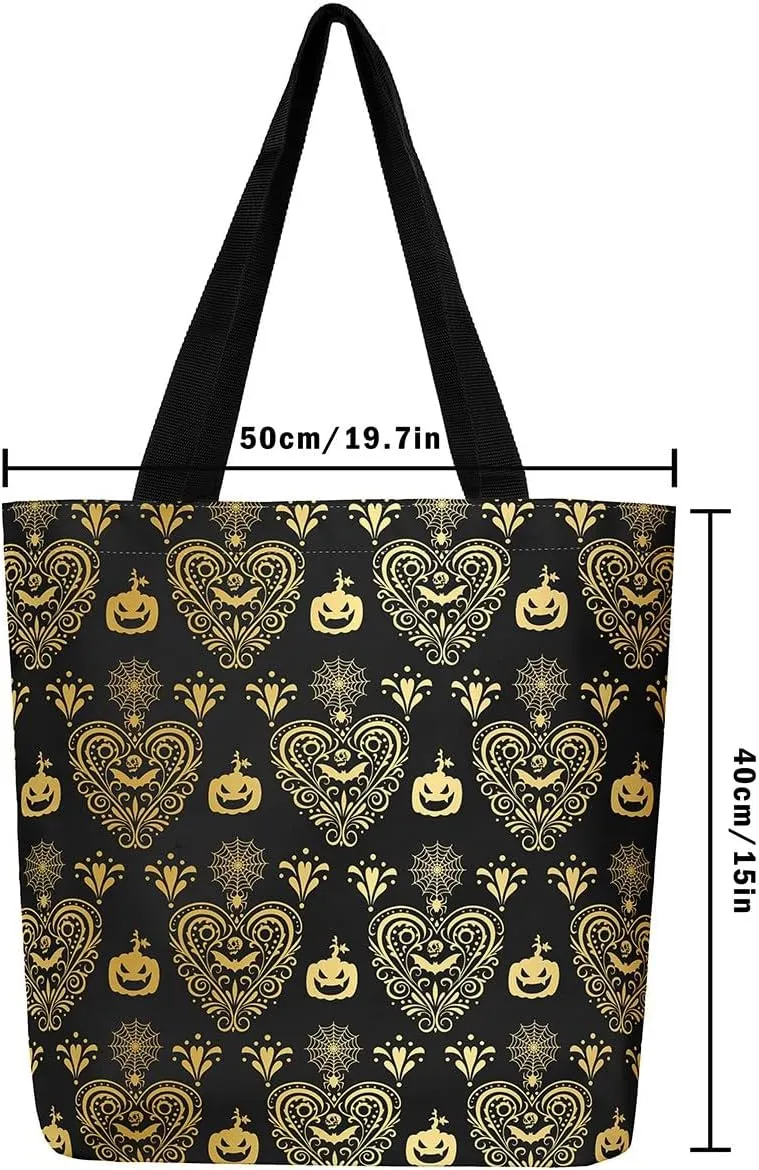 Castle Fairy Bat Pumpkin Lantern Reusable Grocery Handbag,Gothic Black White Halloween Canvas Tote Bag