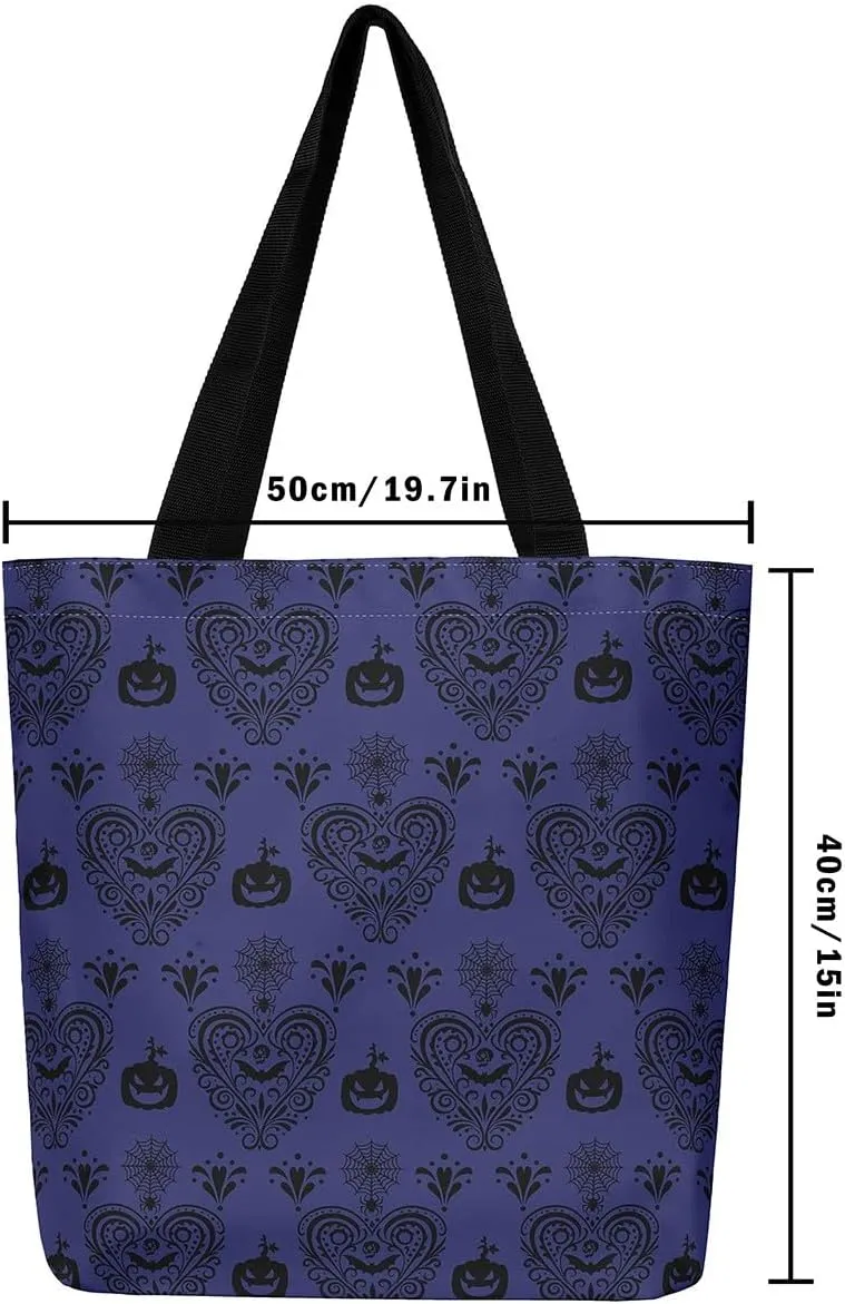Castle Fairy Bat Pumpkin Lantern Reusable Grocery Handbag,Gothic Black White Halloween Canvas Tote Bag