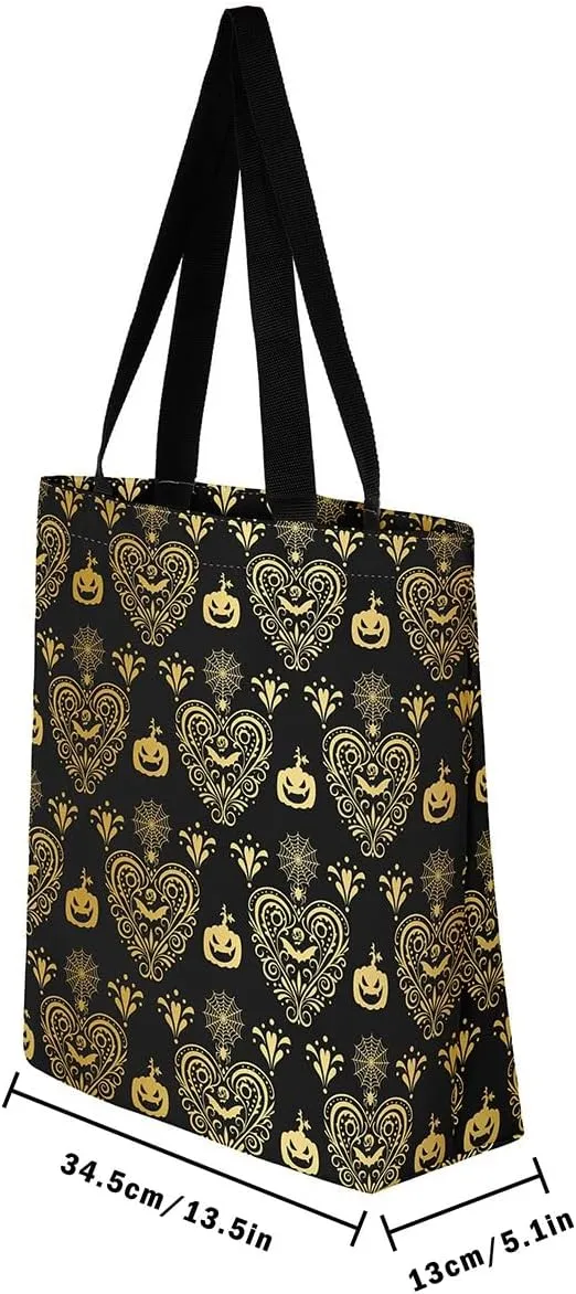 Castle Fairy Bat Pumpkin Lantern Reusable Grocery Handbag,Gothic Black White Halloween Canvas Tote Bag