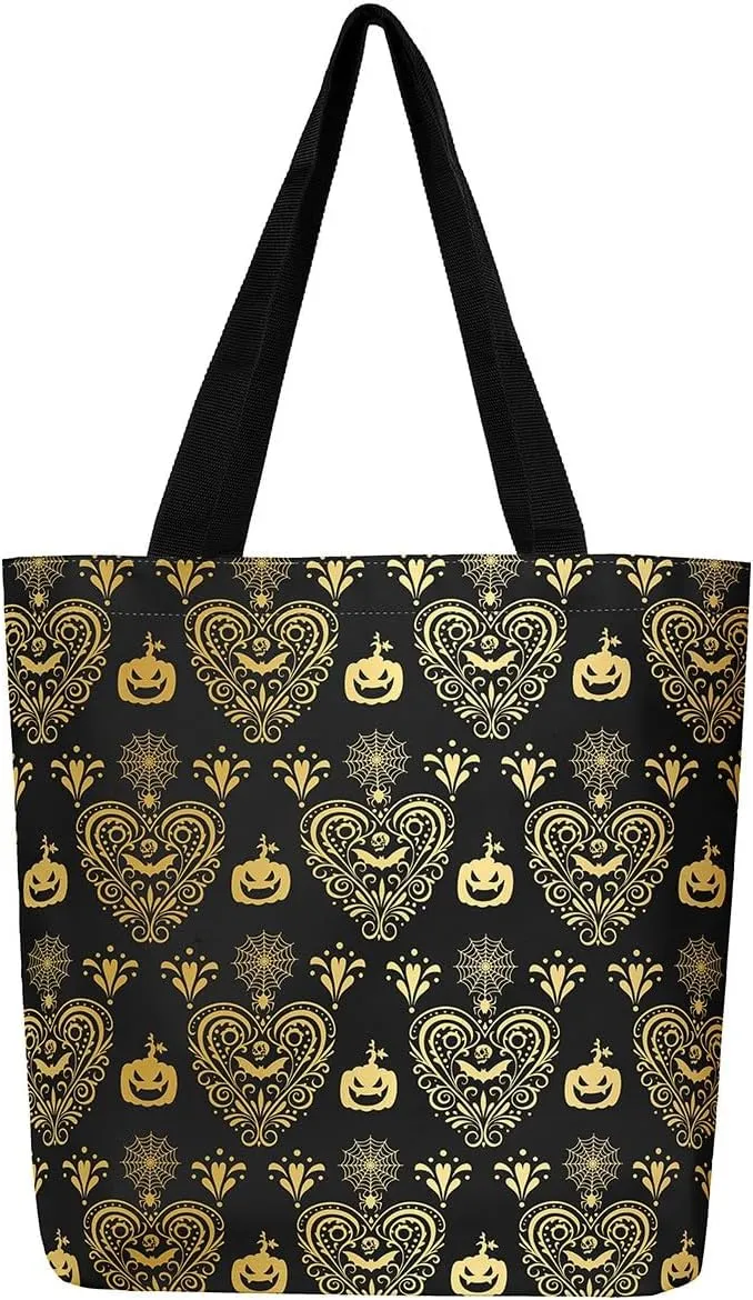 Castle Fairy Bat Pumpkin Lantern Reusable Grocery Handbag,Gothic Black White Halloween Canvas Tote Bag