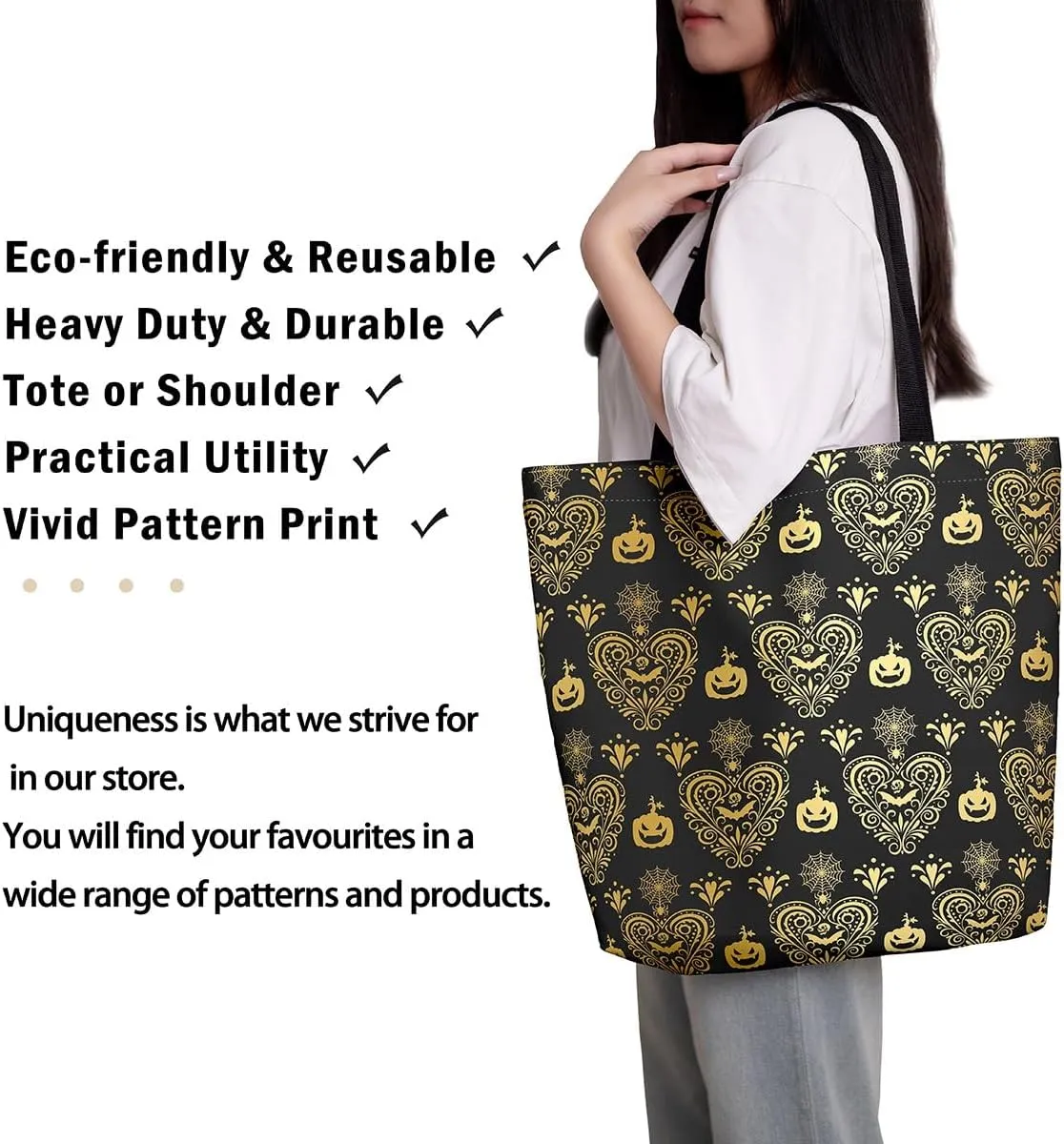 Castle Fairy Bat Pumpkin Lantern Reusable Grocery Handbag,Gothic Black White Halloween Canvas Tote Bag