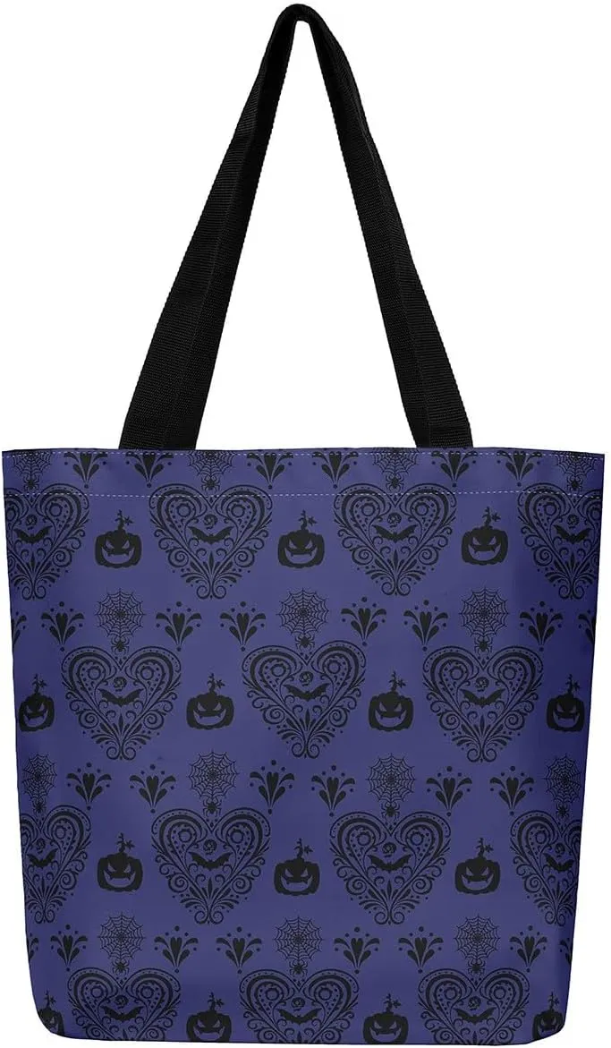 Castle Fairy Bat Pumpkin Lantern Reusable Grocery Handbag,Gothic Black White Halloween Canvas Tote Bag