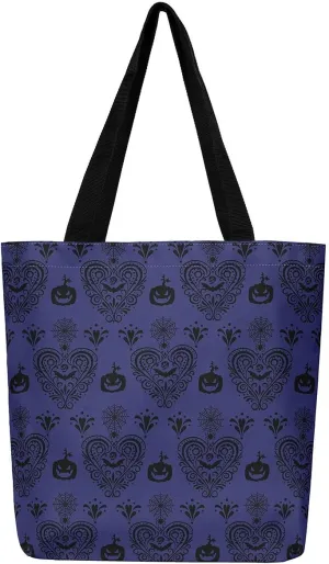 Castle Fairy Bat Pumpkin Lantern Reusable Grocery Handbag,Gothic Black White Halloween Canvas Tote Bag